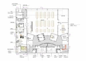 Plànol arquitectònic Carmelites: menjador, cuina, vestidors, accés i serveis.