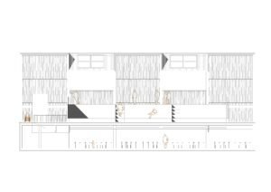 Tall arquitectònic longitudinal del projecte Carmelites, mostrant espais interiors i menjador.