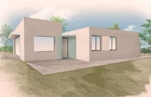 Detall interior amb estructura metàl·lica i envans en fase d’obra