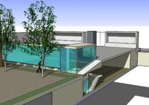 Detall constructiu Carmelites: secció render amb piscina, arbres i accés subterrani envidrat.