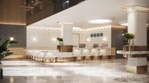 Vestíbul hotel Nicaragua 7 amb recepció de disseny modern i luxós